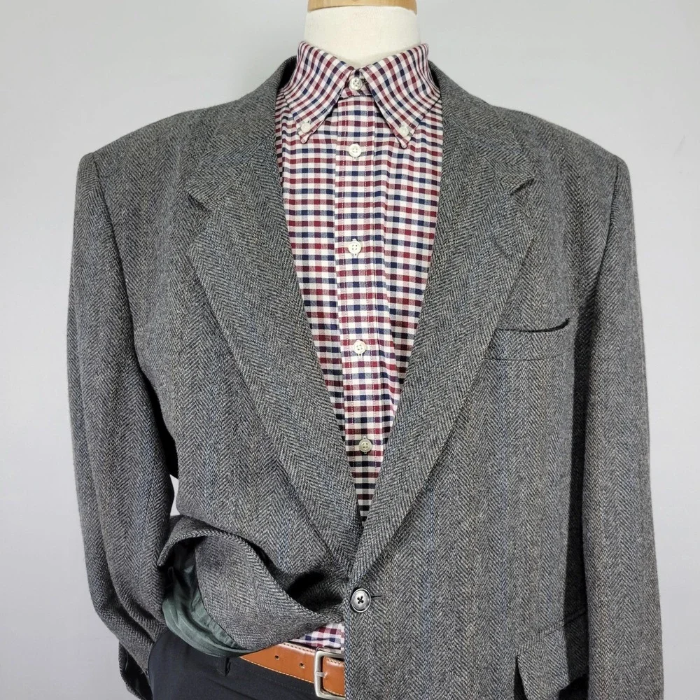 Cricketeer Men's Tweed Sport Coat Two Button Gray‎ Lambs Wool Herringbone 50R